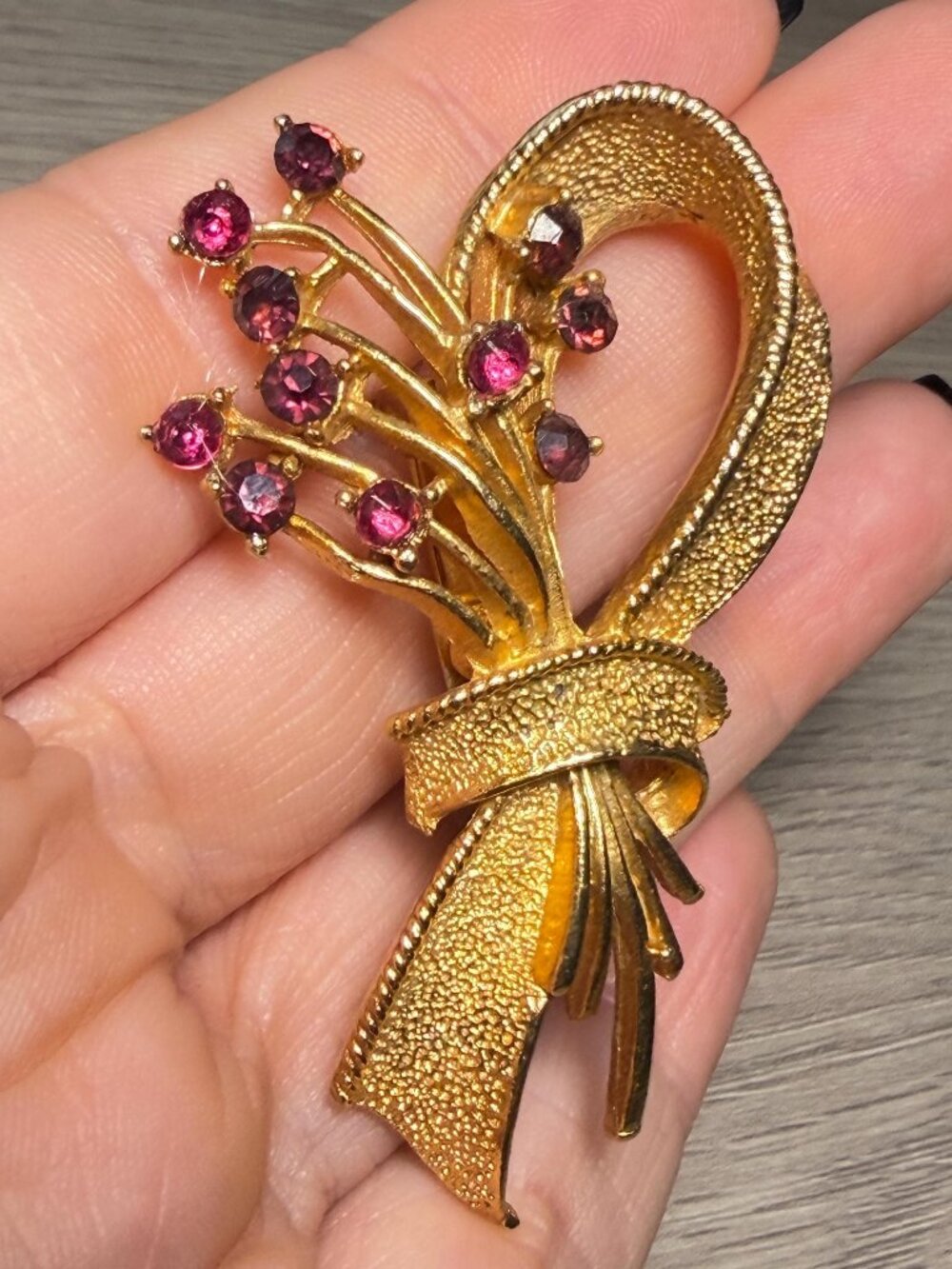 Vintage Pink Rhinestone Flower Brooch Gold Tone Bouquet Ribbon 2.4”